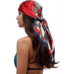 Women's Navy/Beige Head Scarf Like Silk Printed Square Hair Bandanas 35 Inches